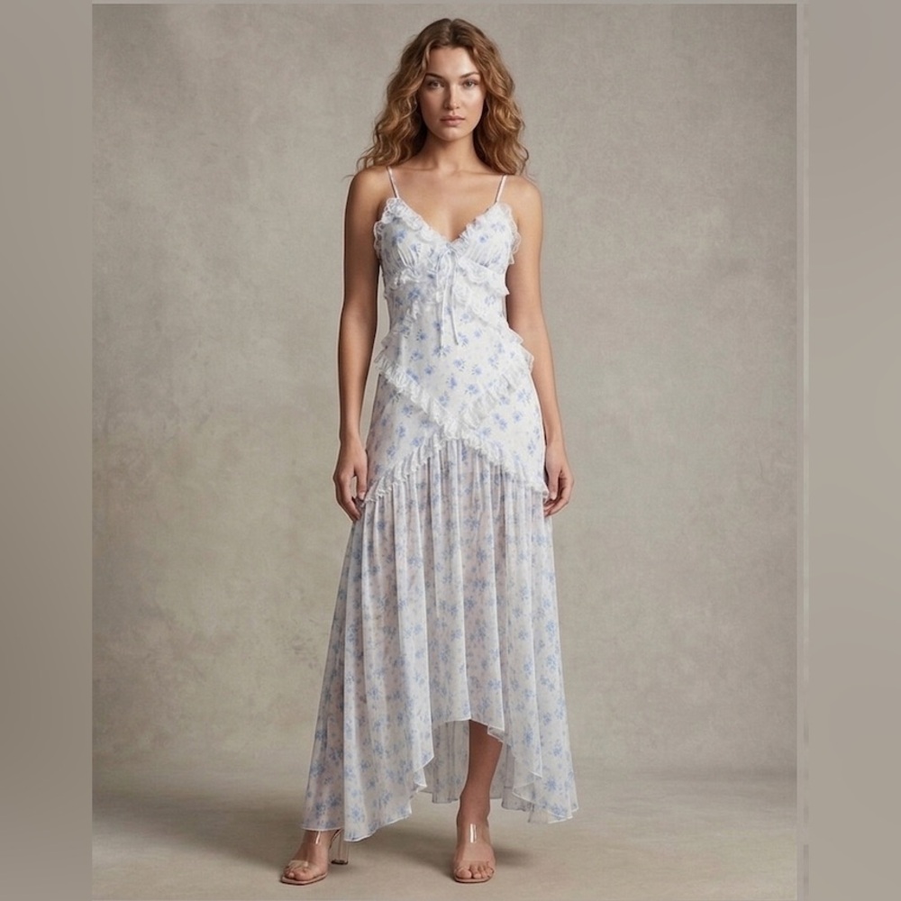 LAST ONE 🔥 Floral Chiffon Ruffle High-Low Maxi Dress Blue - Picture 3 of 11